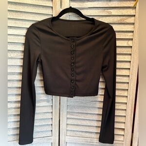 Black Cropped Long Sleeve Pullover Button up Top Ribbed Design Women’s Small